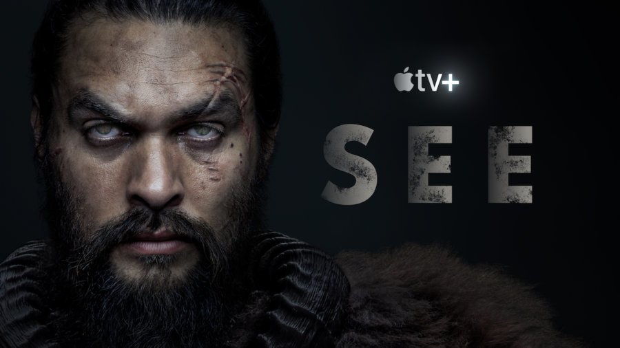 Logos for Apple TV+ and See, with a photo of Jason Mamoa in character as Baba Voss