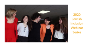 Five RespectAbility jewish team members smiling and laughing with their arms around each other. Text: 2020 Jewish Inclusion Webinar Series