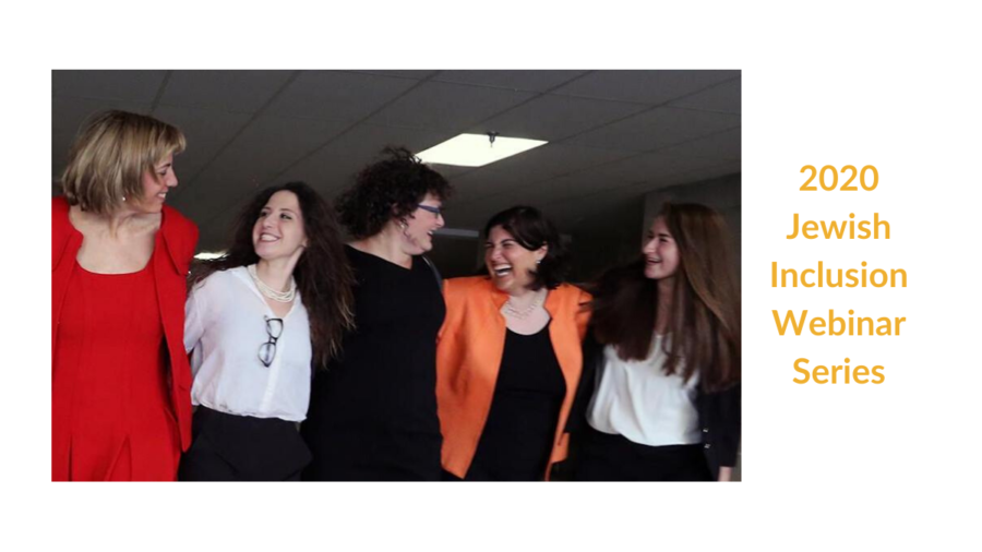 Five RespectAbility jewish team members smiling and laughing with their arms around each other. Text: 2020 Jewish Inclusion Webinar Series