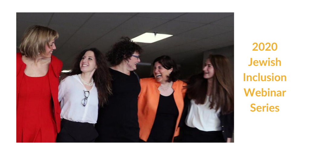 Five RespectAbility jewish team members smiling and laughing with their arms around each other. Text: 2020 Jewish Inclusion Webinar Series