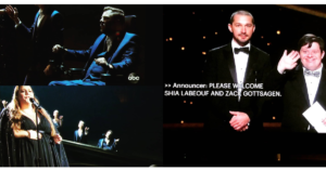 Photos of Tobias Forrest and Victoria Canal performing in a choir with Chrissy Metz, and Zack Gottsagen presenting with Shia LeBeouf on stage at the 2020 Academy Awards