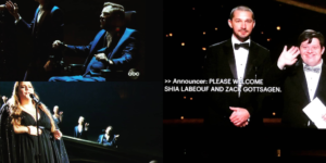 Photos of Tobias Forrest and Victoria Canal performing in a choir with Chrissy Metz, and Zack Gottsagen presenting with Shia LeBeouf on stage at the 2020 Academy Awards