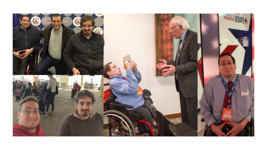 Photos of Ben Spangenberg and Justin Chappell with Ted Cruz, at an airport, interviewing Bernie Sanders and at a 2016 Debate