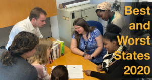 A diverse group of people with disabilities looking at a document together around a table. Text: Best and Worst States 2020