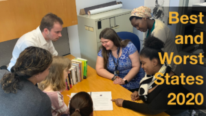 A diverse group of people with disabilities looking at a document together around a table. Text: Best and Worst States 2020