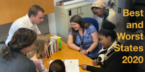 A diverse group of people with disabilities looking at a document together around a table. Text: Best and Worst States 2020