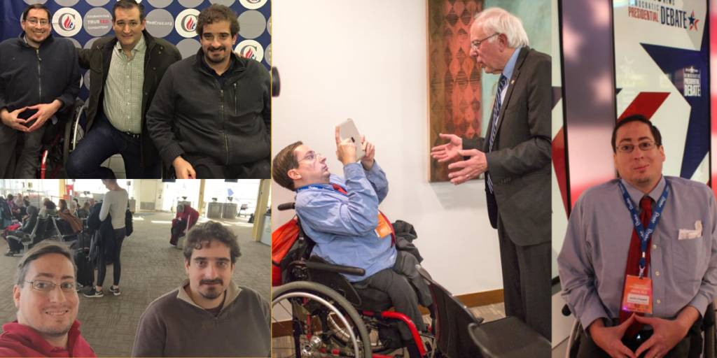 Photos of Ben Spangenberg and Justin Chappell with Ted Cruz, at an airport, interviewing Bernie Sanders and at a 2016 Debate