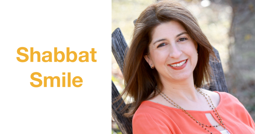 Meredith Polsky smiling outside headshot. Text: Shabbat Smile