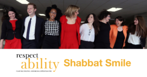 RespectAbility Jewish team members smiling with their arms around each other inside a garage. RespectAbility logo. Text: Shabbat Smile