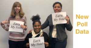 Text: New Poll Data. Three women holding signs that say Earn My Vote!