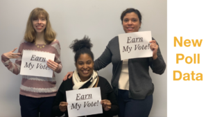 Text: New Poll Data. Three women holding signs that say Earn My Vote!