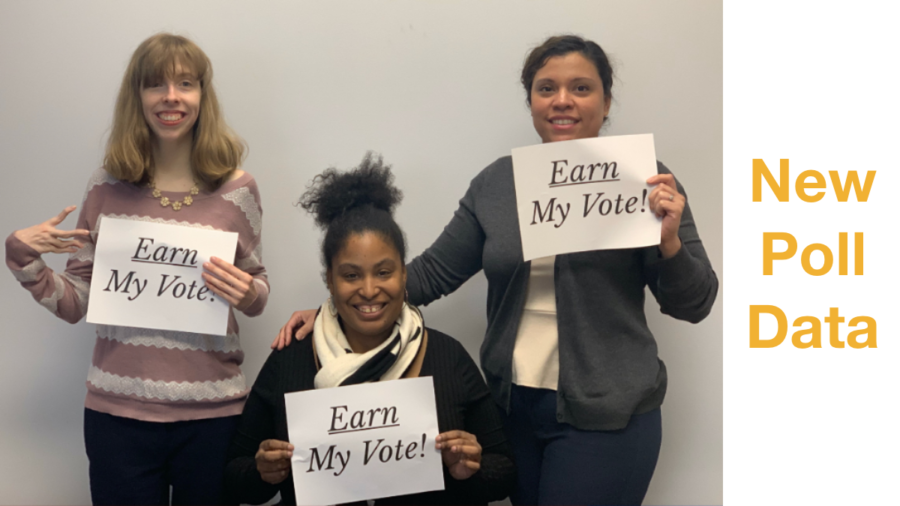 Text: New Poll Data. Three women holding signs that say Earn My Vote!