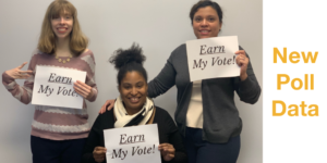 Text: New Poll Data. Three women holding signs that say Earn My Vote!