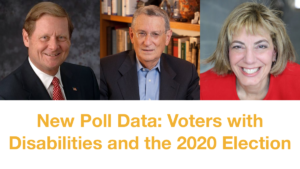 Headshots of Steve Bartlett, Stan Greenberg and Jennifer Laszlo Mizrahi. Text: "New Poll Data: Voters with Disabilities and the 2020 Election"