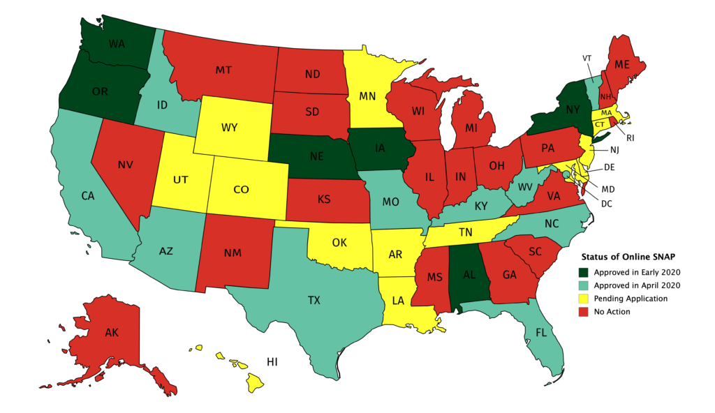 Map of the United States color coded by status of Online SNAP in each state + DC. Approved for Online SNAP in Early 2020: NY, WA, AL, IA, OR, NE. (6 states) – dark green Approved for Online SNAP in April 2020: AZ, CA, DC, FL, ID, KY, MO, NC, TX, WV, VT (10 states plus the district) – light green Pending Application: AR, CO, CT, DE, HI, LA, MD, MA, MN, NJ, OK, TN, UT, WY. (14 states) – yellow No Action on Online SNAP: AK, GA, IL, IN, KS, ME, MI, MS, MT, NH, NV, NM, ND, OH, PA, RI, SC, SD, VA, WI – red