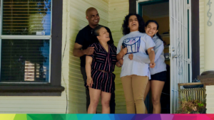 Voice actress Madison Blandy and her family outside her house on the porch