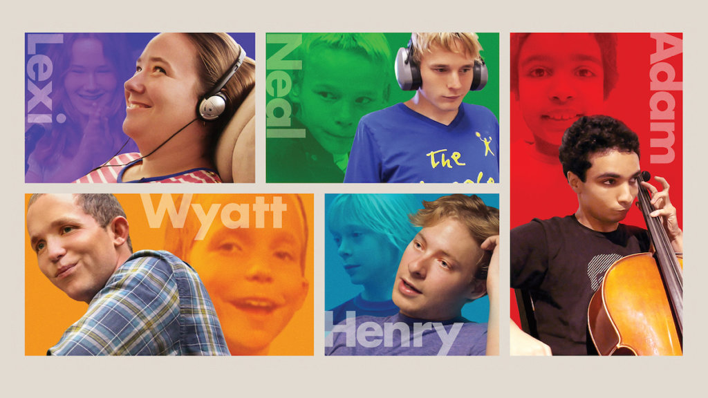 Key art for Autism the Sequel with photos of Lexi, Neal, Adam, Wyatt and Henry from the first movie and today.