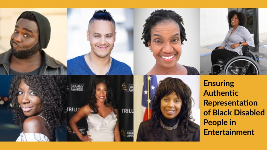 Headshots of Harold Foxx, James Ian, Diana Elizabeth Jordan, Tatiana Lee, Natasha Ofili, Lachi and Janet LaBreck. Text: Ensuring Authentic Representation of Black Disabled People in Entertainment