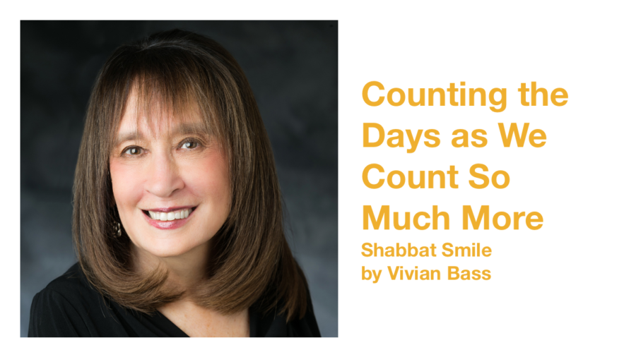 Vivian Bass smiling headshot. Text: Counting the Days as We Count So Much More Shabbat Smile by Vivian Bass