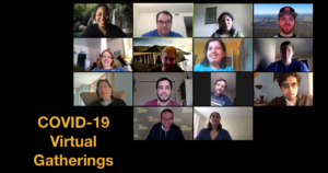 Fourteen diverse people with and without disabilities smiling in a Zoom group meeting. Text: COVID-19 Virtual Gatherings