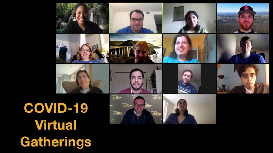 Fourteen diverse people with and without disabilities smiling in a Zoom group meeting. Text: COVID-19 Virtual Gatherings