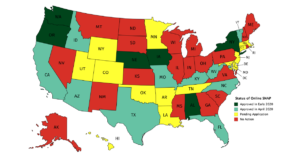 Map of the United States color coded by status of Online SNAP in each state + DC. Approved for Online SNAP in Early 2020: NY, WA, AL, IA, OR, NE. (6 states) – dark green Approved for Online SNAP in April 2020: AZ, CA, DC, FL, ID, KY, MO, NC, TX, WV, VT (10 states plus the district) – light green Pending Application: AR, CO, CT, DE, HI, LA, MD, MA, MN, NJ, OK, TN, UT, WY. (14 states) – yellow No Action on Online SNAP: AK, GA, IL, IN, KS, ME, MI, MS, MT, NH, NV, NM, ND, OH, PA, RI, SC, SD, VA, WI – red