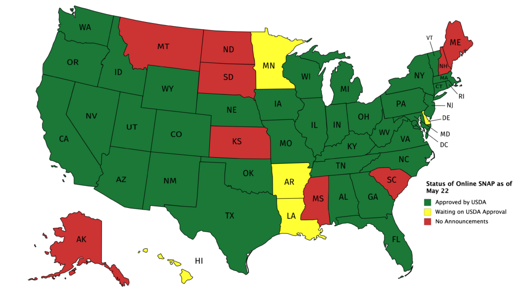 Map of the United States color coded by status of online SNAP. Green and allowed: AL, AZ, CA, CO, CT, DC, DE, FL, GA, IA, ID, IL, IN, KY, MA, MD, MI, MO, NC, NE, NJ, NM, NV, NY, OH, OK, OR, PA, RI, TX, TN, UT, VA, VT, WA, WI, WV, WY. Yellow and waiting on approval: AR, HI, LA, MN. Red and no announcements: AK, KS, ME, MS, MT, NH, ND, SC, SD.