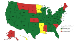 Map of the United States color coded by status of online SNAP. Green and allowed: AL, AZ, CA, CO, CT, DC, DE, FL, GA, IA, ID, IL, IN, KY, MA, MD, MI, MO, NC, NE, NJ, NM, NV, NY, OH, OK, OR, PA, RI, TX, TN, UT, VA, VT, WA, WI, WV, WY. Yellow and waiting on approval: AR, HI, LA, MN. Red and no announcements: AK, KS, ME, MS, MT, NH, ND, SC, SD.