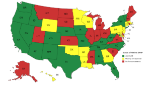 Map of the United States color coded by status of online SNAP. Green and allowed: AL, AZ, CA, CO, DC, FL, ID, IA, KY, MO, NC, NE, NM, NV, NY, OR, TX, TN, VT, WA, WV Yellow and waiting on approval: AR, CT, GA, HI, LA, MD, MA, MN, NJ, OK, PA, WI, WY Red and no announcements: AK, DE, IN, IL, KS, ME, MI, MS, MT, NH, ND, OH, RI, SC, SD, UT, VA