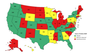 Map of the United States color coded by status of online SNAP. Green and allowed: AL, AZ, CA, CO, DC, FL, ID, IA, KY, MO, NC, NE, NV, NY, OR, TX, TN, VT, WA, WV Yellow and waiting on approval: AR, GA, HI, LA, MD, MA, MN, NJ, OK, PA, WI, WY Red and no announcements: AK, CT, DE, IN, IL, KS, ME, MI, MS, MT, NH, NM, ND, OH, RI, SC, SD, UT, VA