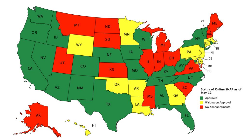 Map of the United States color coded by status of online SNAP. Green and allowed: AL, AZ, CA, CO, DC, FL, ID, IA, KY, MO, NC, NE, NM, NV, NY, OR, RI, TX, TN, VT, WA, WI, WV. Yellow and waiting on approval: AR, CT, DE, GA, HI, LA, MD, MA, MN, NJ, OK, PA, WY. Red and no announcements: AK, IN, IL, KS, ME, MI, MS, MT, NH, ND, OH, SC, SD, UT, VA.