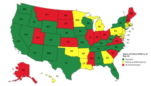 Map of the United States color coded by status of online SNAP. Green and allowed: AL, AZ, CA, CO, DC, FL, ID, IA, KY, MO, NC, NE, NM, NV, NY, OR, RI, TX, TN, VT, WA, WI, WV, WY. Yellow and waiting on approval: AR, CT, DE, GA, HI, LA, MA, MD, MI, MN, NJ, OK, PA. Red and no announcements: AK, IN, IL, KS, ME, MS, MT, NH, ND, OH, SC, SD, UT, VA.