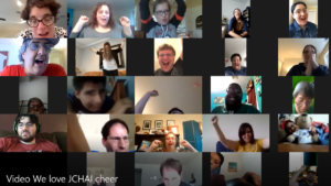 Participants with disabilities in a Zoom call together. Text: Video - We Love JCHAI Cheer