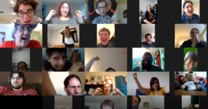 Participants with disabilities in a Zoom call together. Text: Video - We Love JCHAI Cheer