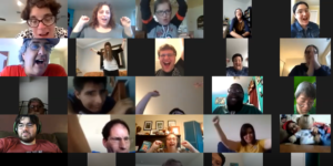 Participants with disabilities in a Zoom call together. Text: Video - We Love JCHAI Cheer
