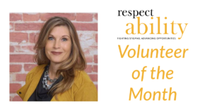 Carla Boyd smiling headshot in front of a brick wall. RespectAbility logo. Text: Volunteer of the Month