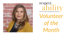 Carla Boyd smiling headshot in front of a brick wall. RespectAbility logo. Text: Volunteer of the Month
