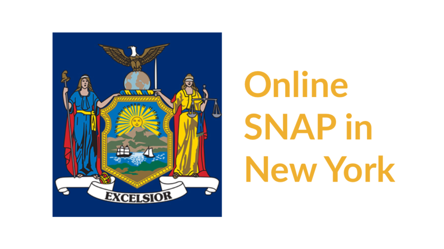 New York state flag. Text: Online SNAP in New York