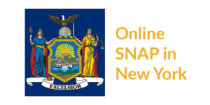 New York state flag. Text: Online SNAP in New York