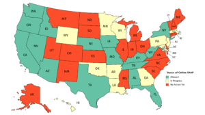 Map of the United States color coded by status of online SNAP. Green and allowed: AL, AZ, CA, DC, FL, ID, IA, KY, MO, NE, NV, NY, OR, TX, TN, WA, WV Yellow and in progress: AR, GA, HI, LA, MD, MA, MN, NJ, OK, PA, WI, WY Red and no action yet: AK, CO, CT, DE, IN, IL, KS, ME, MI, MS, MT, NH, NM, NC, ND, OH, RI, SC, SD, UT, VT, VA