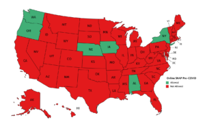 Map of the United States with only six states - WA, OR, NE, IA, AL, and NY - in green showing they allowed SNAP online before COVID-19.