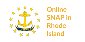 Rhode Island state flag. Text: Online SNAP in Rhode Island