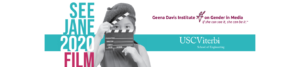 See Jane 2020 Film study cover page featuring a photo of a young girl holding a film clapper, logos for Geena Davis Institute on Gender in Media and USC Viterbi School of Engineering.