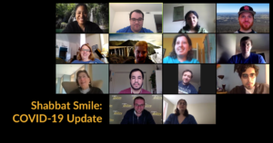 Fourteen diverse people with and without disabilities smiling in a Zoom group meeting. Text - Shabbat Smile COVID-19 Update
