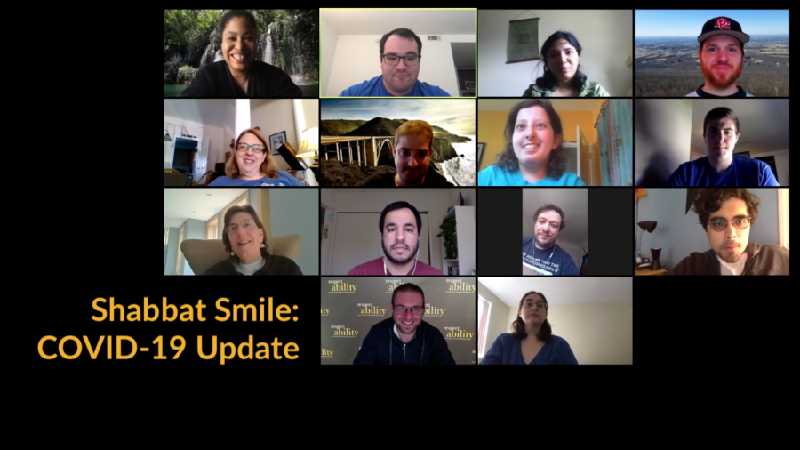 Fourteen diverse people with and without disabilities smiling in a Zoom group meeting. Text - Shabbat Smile COVID-19 Update