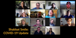 Fourteen diverse people with and without disabilities smiling in a Zoom group meeting. Text - Shabbat Smile COVID-19 Update