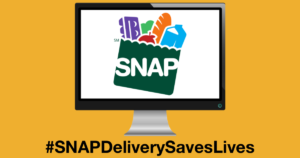 The SNAP logo displayed on a computer monitor. Text: #SNAPDeliverySavesLives