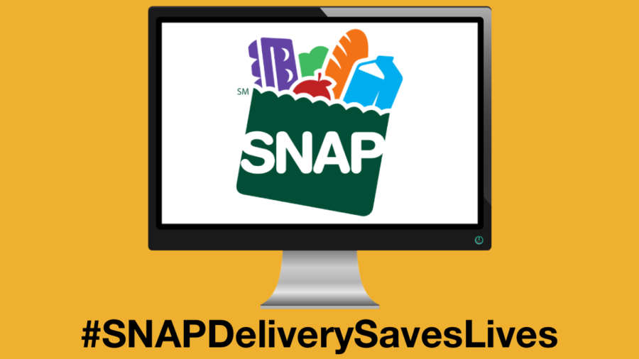 The SNAP logo displayed on a computer monitor. Text: #SNAPDeliverySavesLives