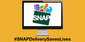 The SNAP logo displayed on a computer monitor. Text: #SNAPDeliverySavesLives