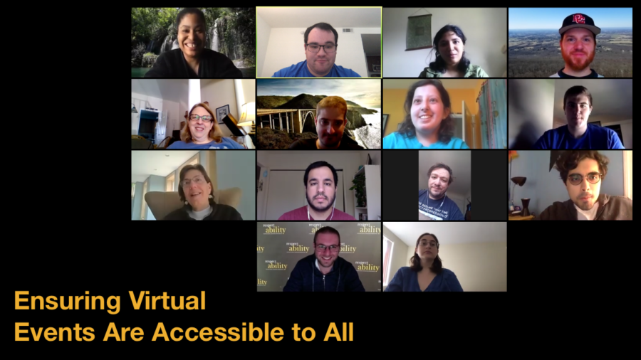 Fourteen diverse people with and without disabilities smiling in a Zoom group meeting. Text: Ensuring Virtual Events Are Accessible to All